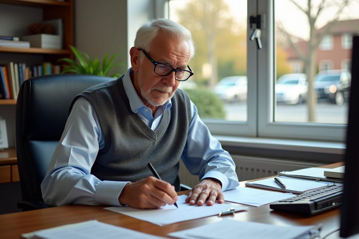 Homme âgé écrivant un chèque dans un bureau à domicile