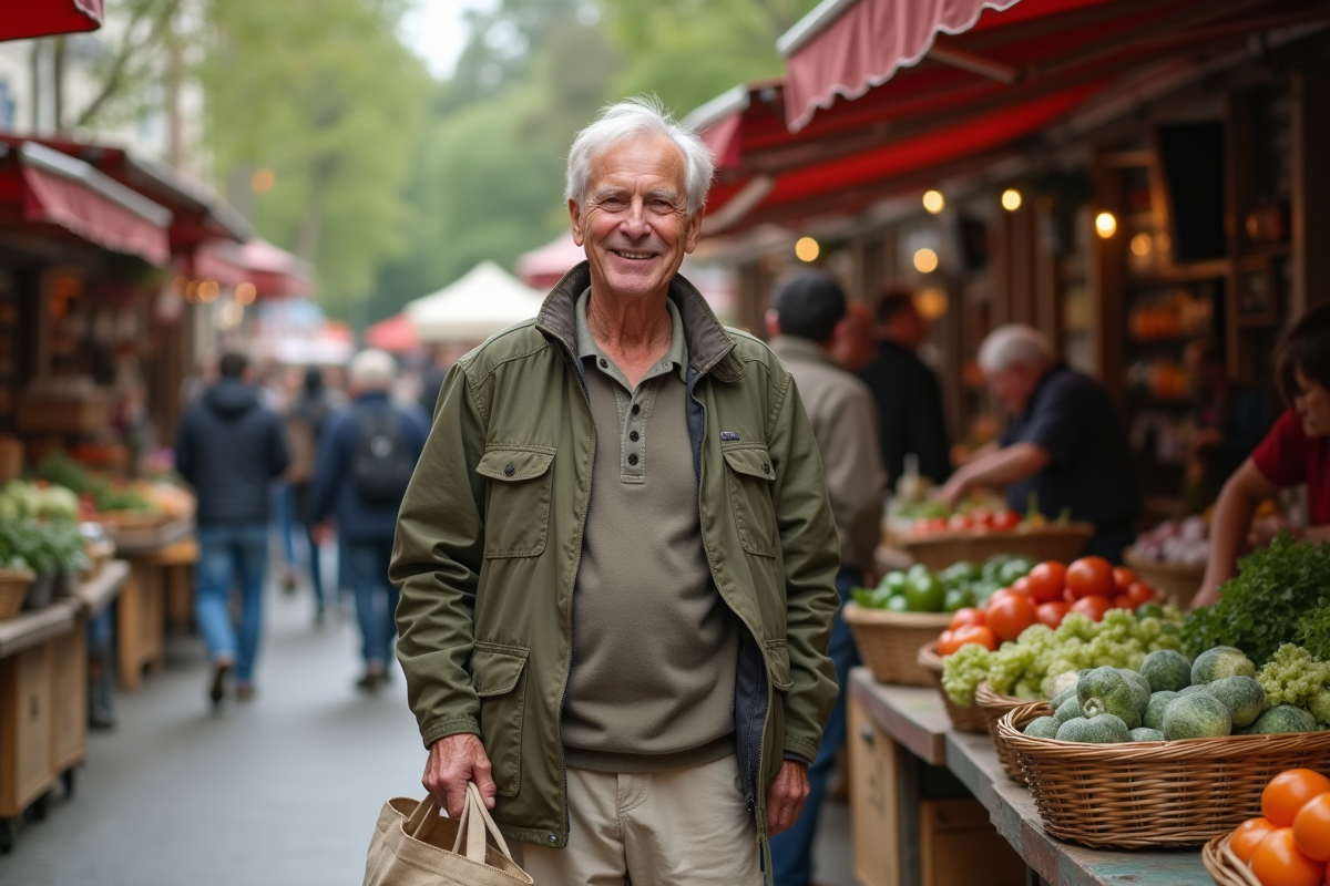 Homme dans un marché urbain avec vêtements en coton biologique