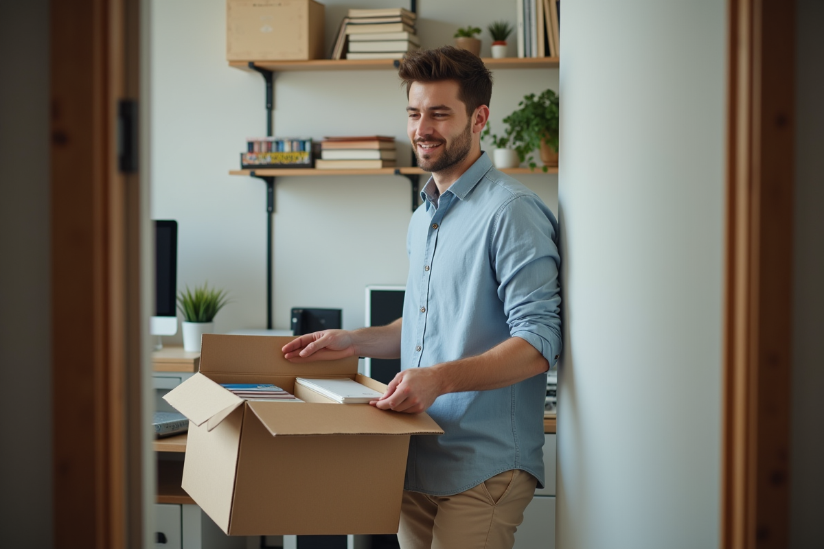 Jeune homme triant des livres dans un bureau organisé