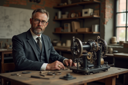 Ingénieur homme en costume au travail dans un atelier ancien