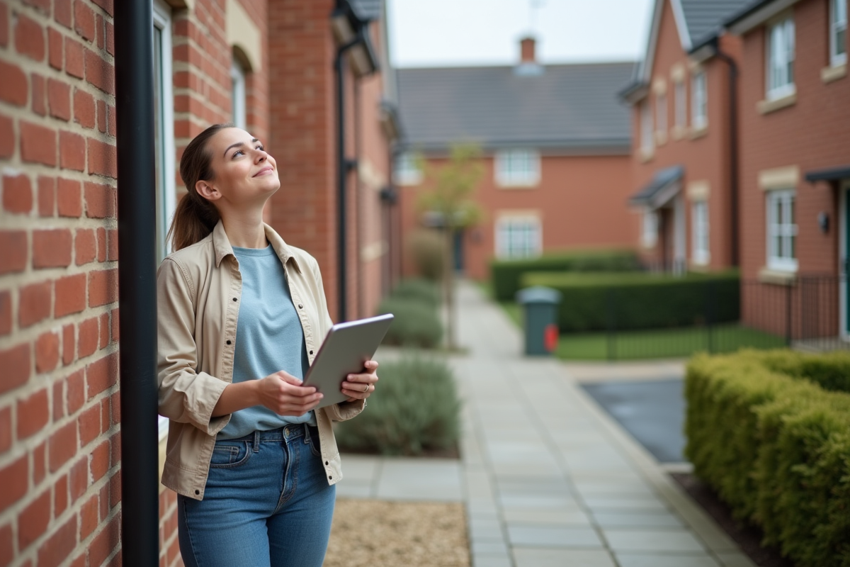 Jeune femme inspectant la façade nettoyée avec une tablette