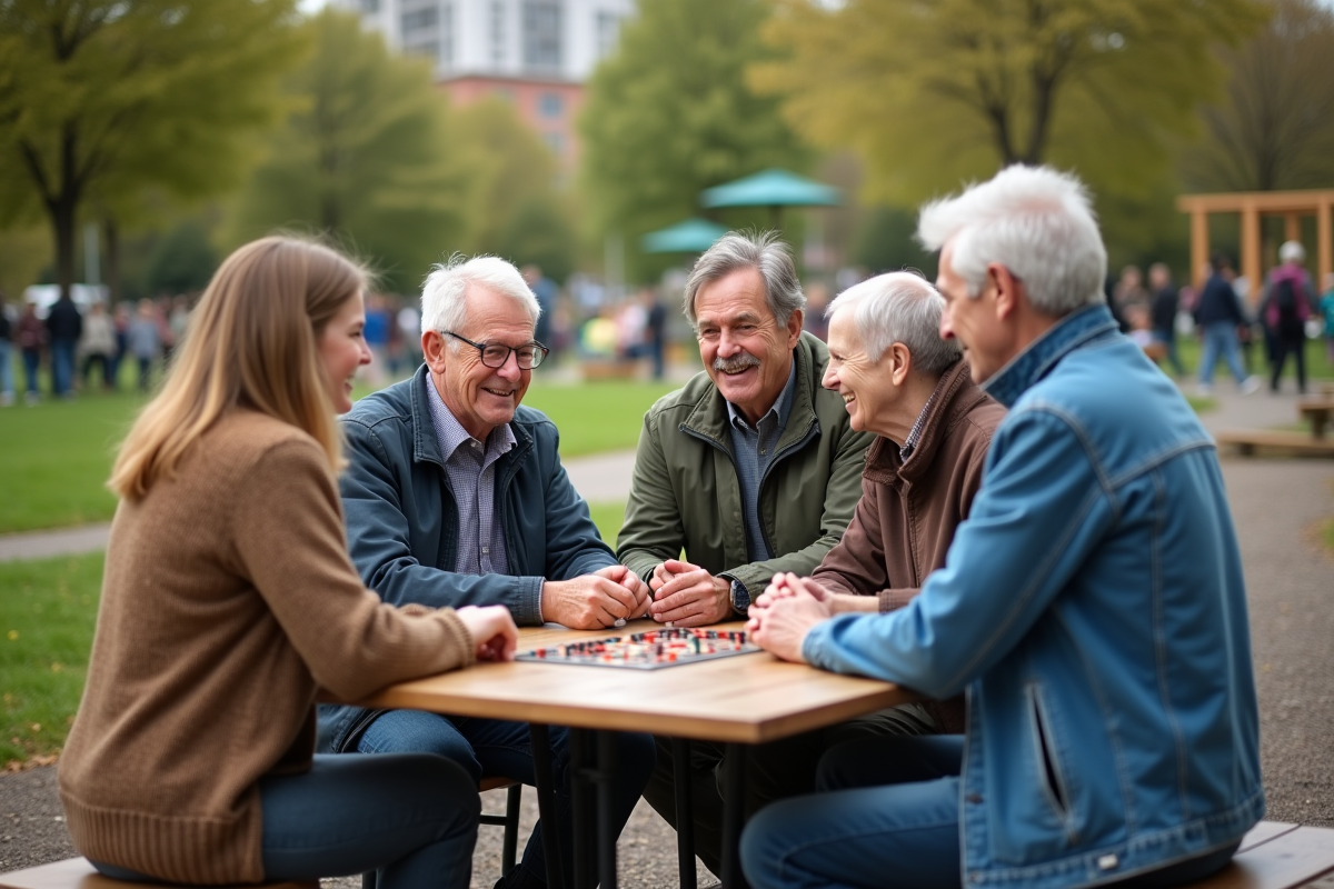 Groupe multigeneration jouant à un jeu dans un parc animé