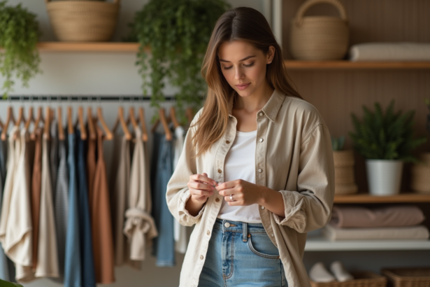 Jeune femme examine une étiquette de vêtement dans une boutique écologique