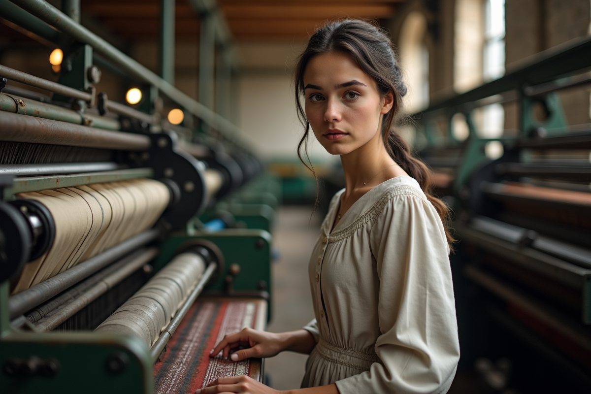 Jeune femme inventrice avec machine Jacquard dans un moulin