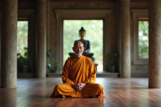 Moine bouddhiste âgé en méditation dans un temple