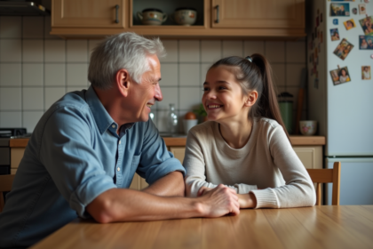 Homme et adolescente souriants dans la cuisine chaleureuse
