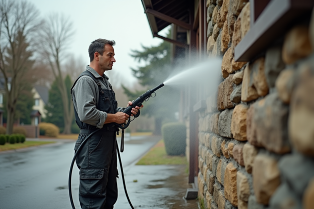 Hommes en overalls utilisant un nettoyeur haute pression sur une façade