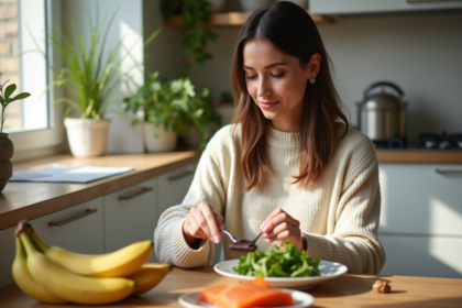 Femme dans la cuisine arrangeant des aliments pour booster la serotonin