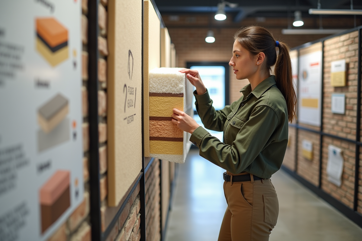 Jeune femme examinant un echantillon d isolation dans un showroom