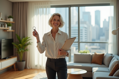 Femme souriante tenant clés et dossier dans un salon lumineux