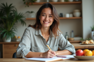Femme souriante journalisant dans une cuisine lumineuse