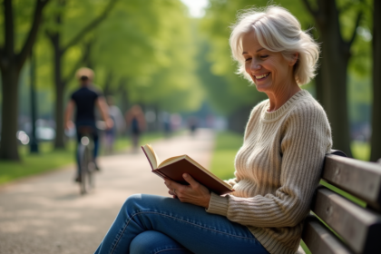 Femme lisant un livre dans un parc urbain tranquille