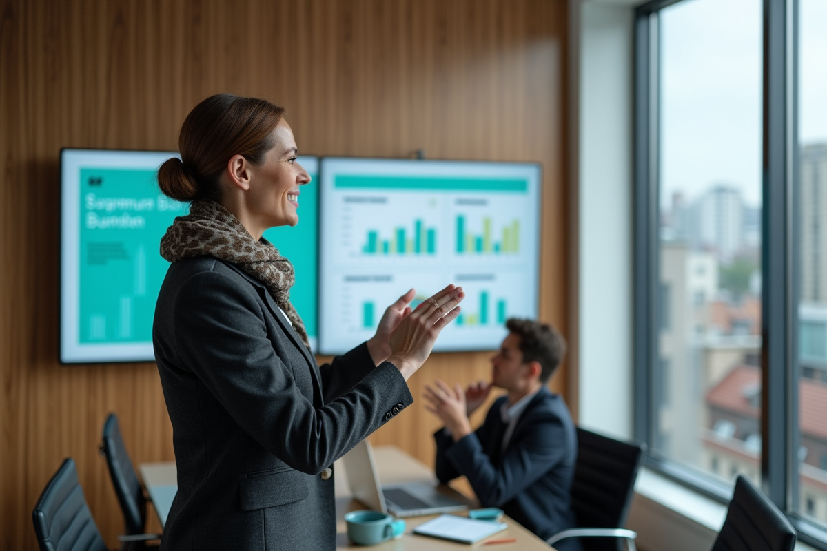 Femme professionnelle explique un tableau de bord digital en réunion