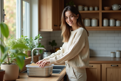 Jeune femme en cuisine triant du papier recyclé