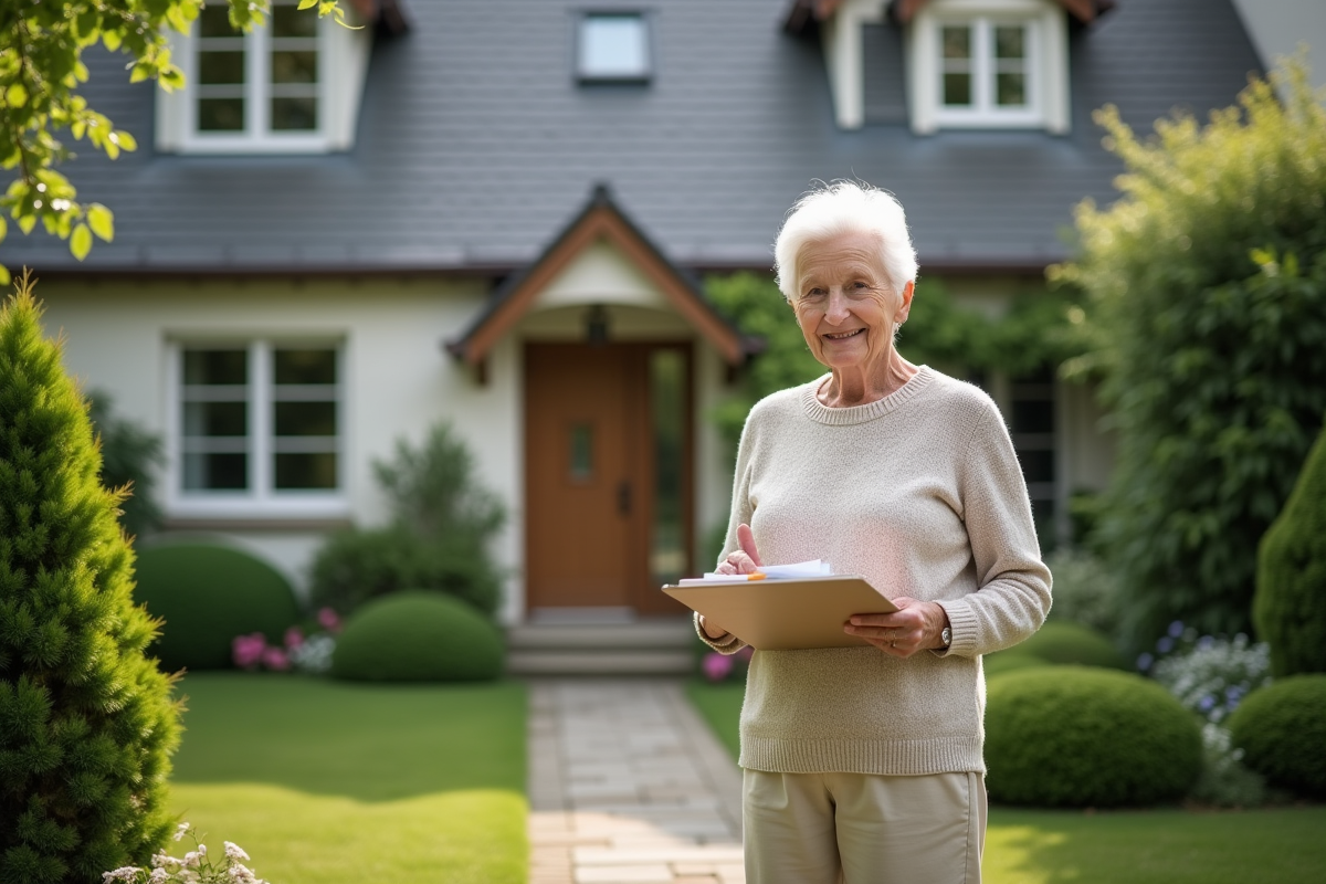 Femme retraitée souriante devant sa maison dans un jardin