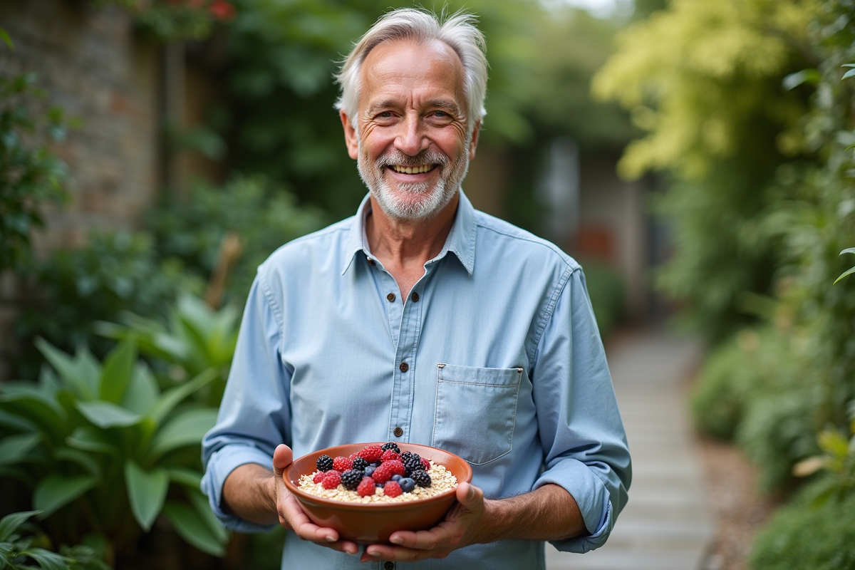 Homme dans le jardin tenant un bol de baies et flocons d