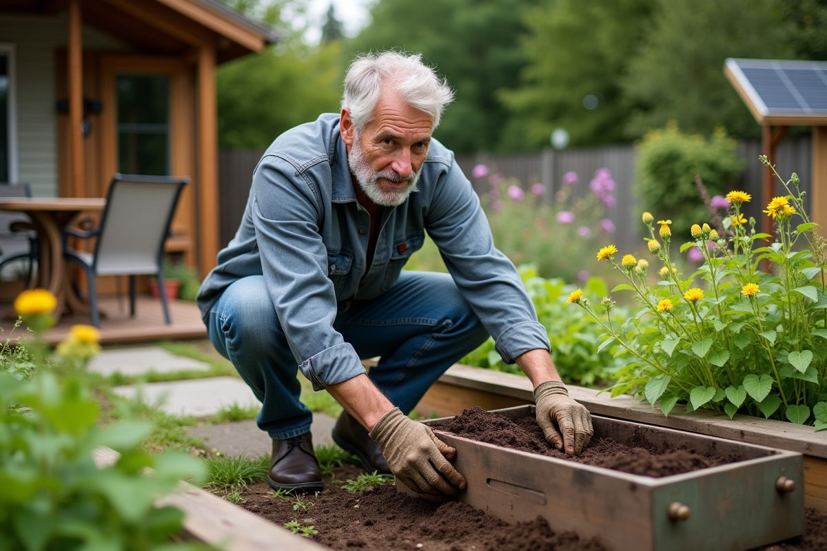 Homme en jardinage compost dans un jardin coloré