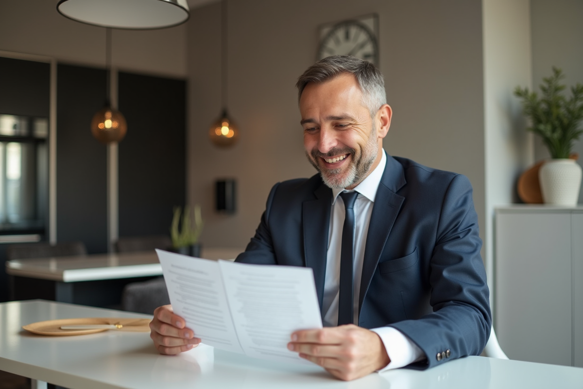 Homme en costume vérifiant un contrat dans une cuisine moderne