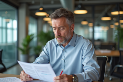 Homme d'affaires examine des documents de conformité au bureau