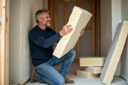 Homme posant une laine mineral dans une rénovation intérieure