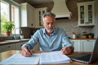 Homme d'âge moyen lisant des documents dans une cuisine lumineuse