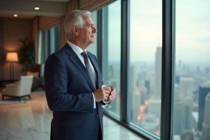 Homme élégant dans un penthouse moderne avec vue urbaine