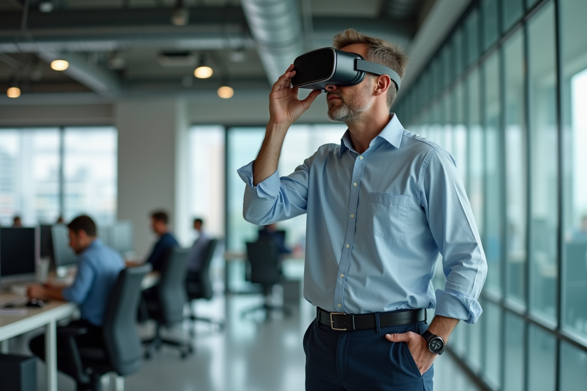 Homme d affaires avec casque VR dans un bureau