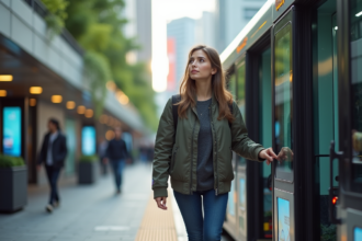 Jeune femme urbaine montant dans un bus électrique autonome