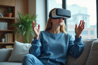 Jeune femme en VR dans un salon moderne