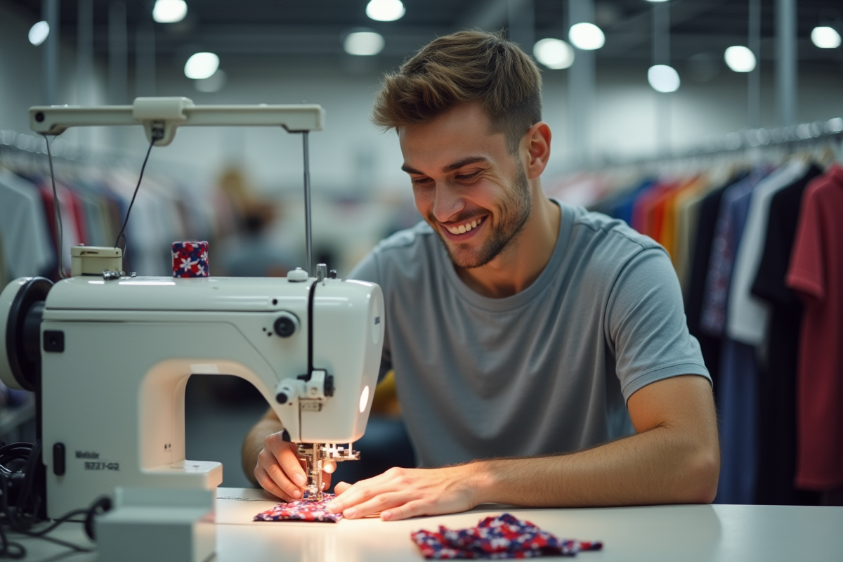 Jeune homme utilisant une machine à coudre industrielle