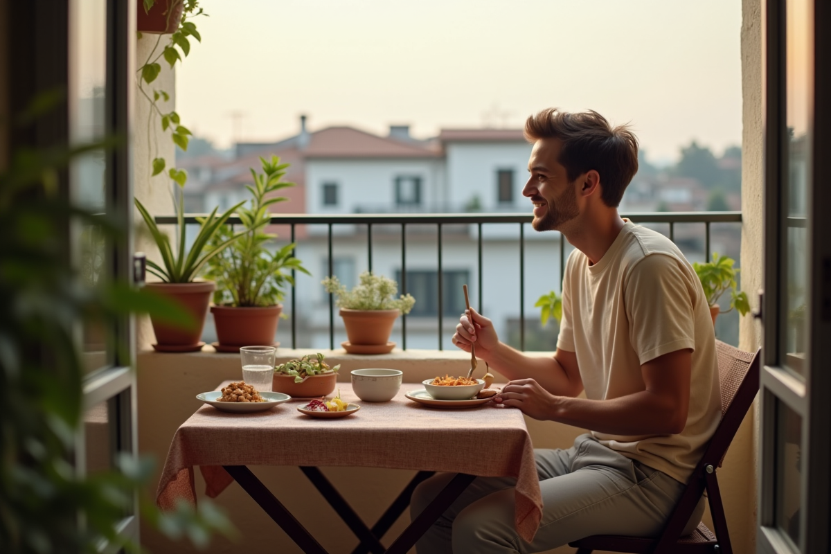 Jeune homme mangeant sur son balcon avec vue urbaine