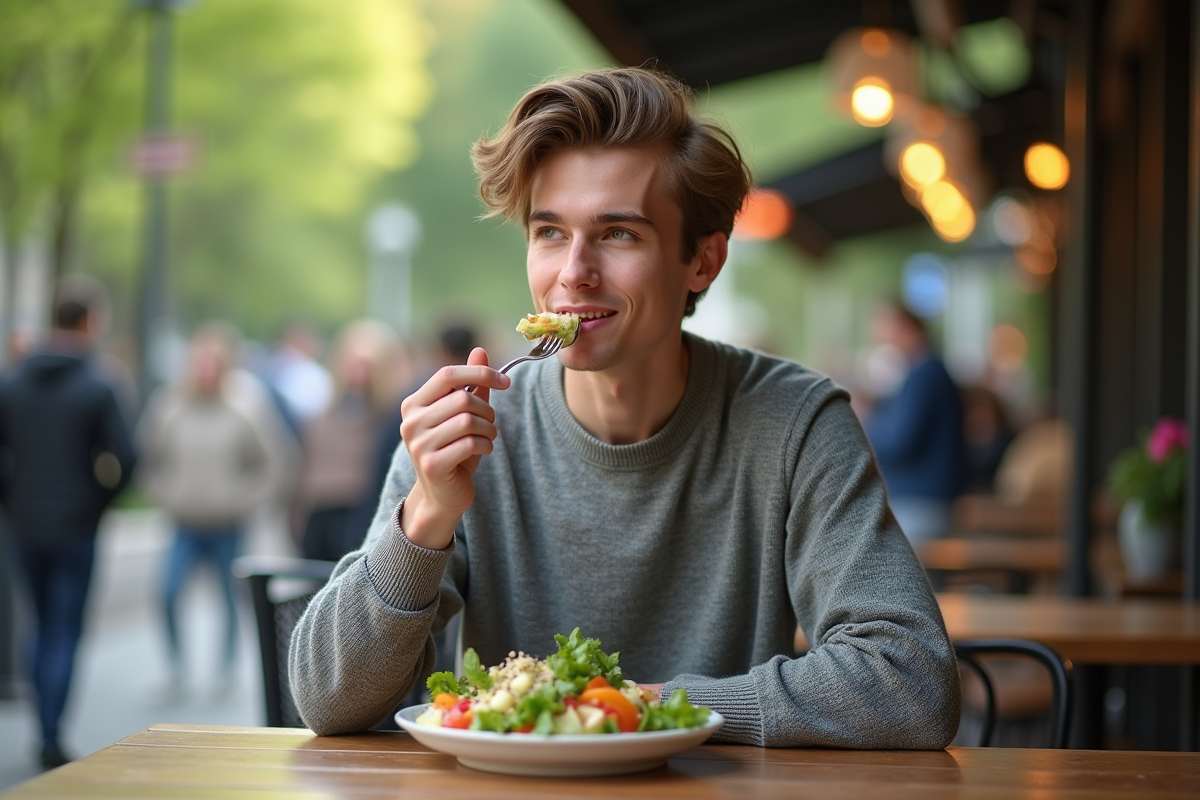 Jeune homme dégustant une salade en terrasse de café