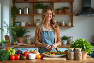 Femme préparant une salade dans une cuisine écologique