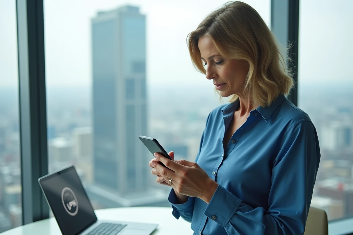 Femme d affaires regardant son smartphone devant une fenêtre urbaine