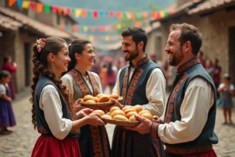 Groupe de villageois en costumes traditionnels lors d une fete en plein air