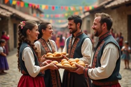 Groupe de villageois en costumes traditionnels lors d une fete en plein air