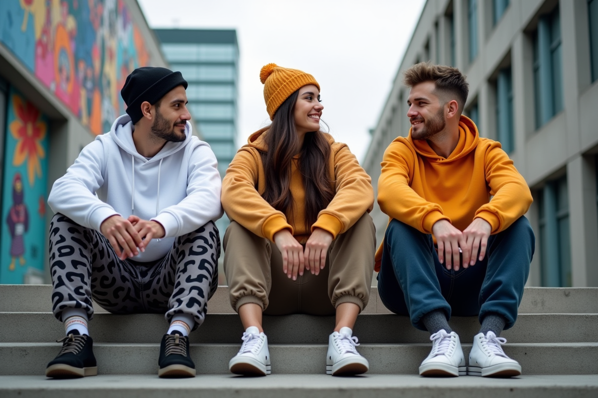 Trois amis en streetwear assis sur des marches urbaines