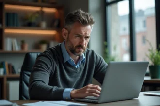 Homme d'âge moyen inquiet au bureau avec ordinateur