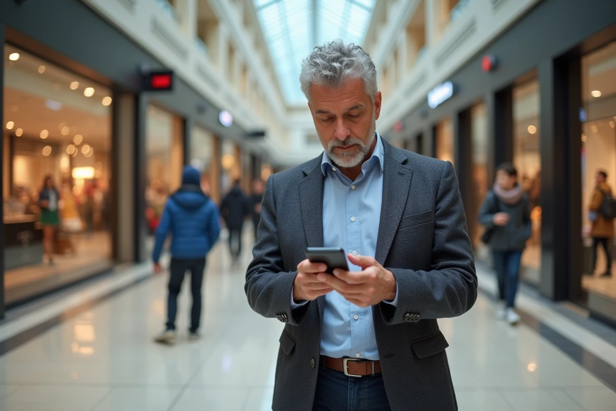 Homme d age moyen utilisant son smartphone en centre commercial