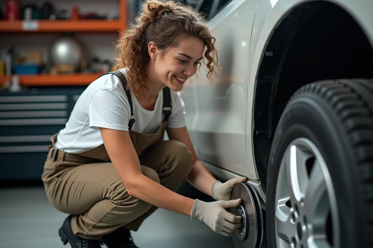 Jeune femme inspecte un disque de frein neuf dans un garage organisé