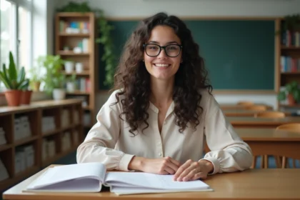 Jeune femme avec lunettes étudiant le français en classe