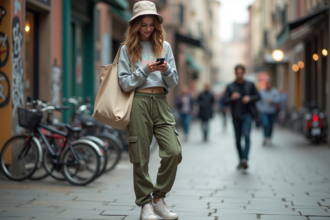 Jeune femme urbaine en cargo et baskets dans la rue