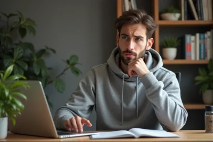 Jeune homme en hoodie regardant son ordinateur dans un bureau