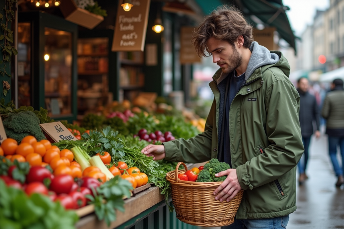 Jeune homme choisissant des légumes au marché en plein air