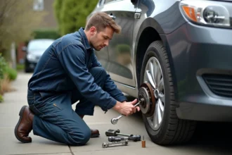 Mecanicien middleaged retire un disque de frein usé d'une voiture