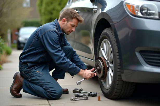 Mecanicien middleaged retire un disque de frein usé d'une voiture