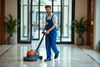 Jeune technicien nettoyage en action dans un lobby élégant