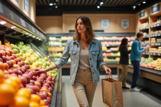 Femme en supermarché à Montpellier sélectionnant des produits frais