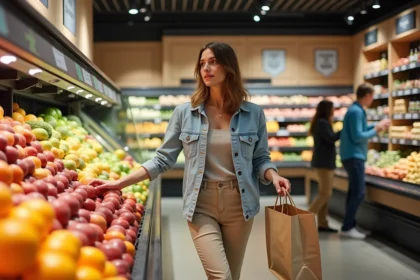 Femme en supermarché à Montpellier sélectionnant des produits frais