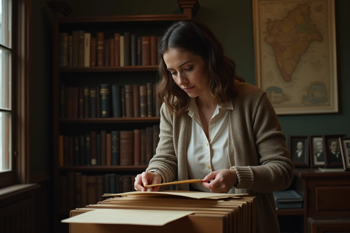 Jeune femme archiviste rangeant documents dans une étude